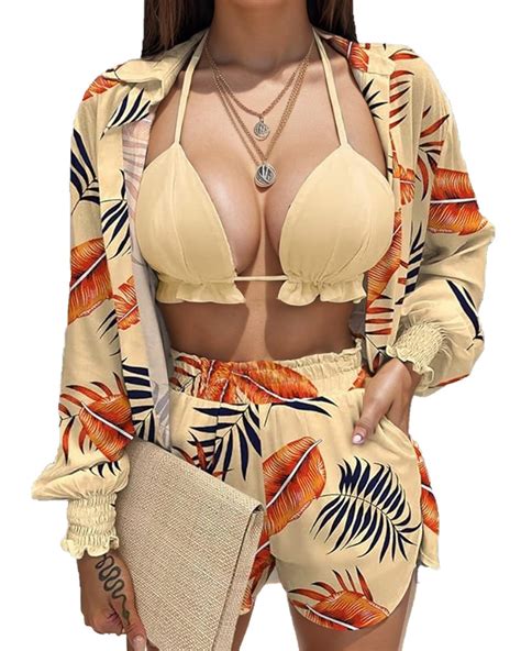 UOUA 3 Piece Swimsuits For Women Hawaiian Outfits Floral Tropical Bikini Short Sets Summer