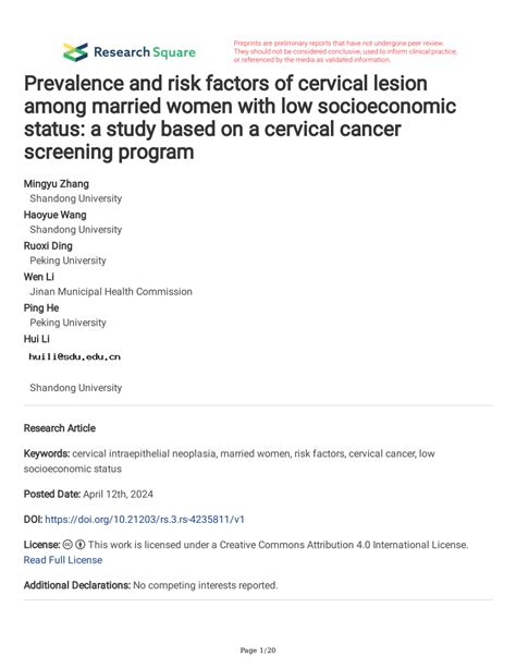 Pdf Prevalence And Risk Factors Of Cervical Lesion Among Married