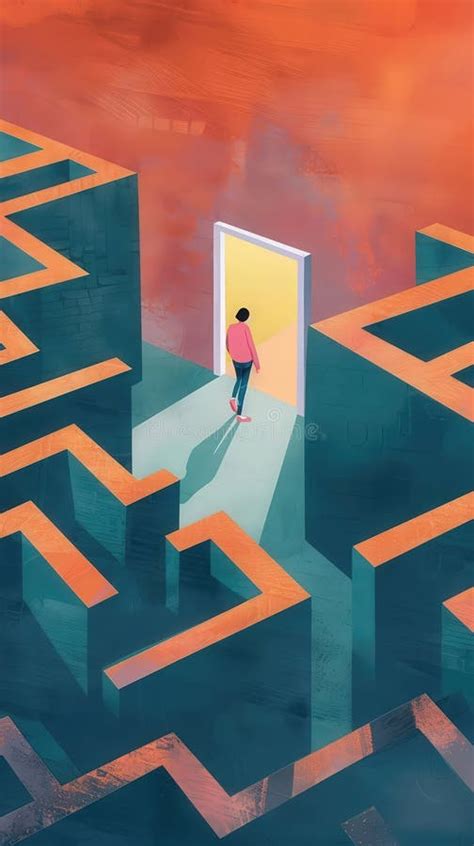 Illustration Of A Person Navigating Through A Maze Towards A Door