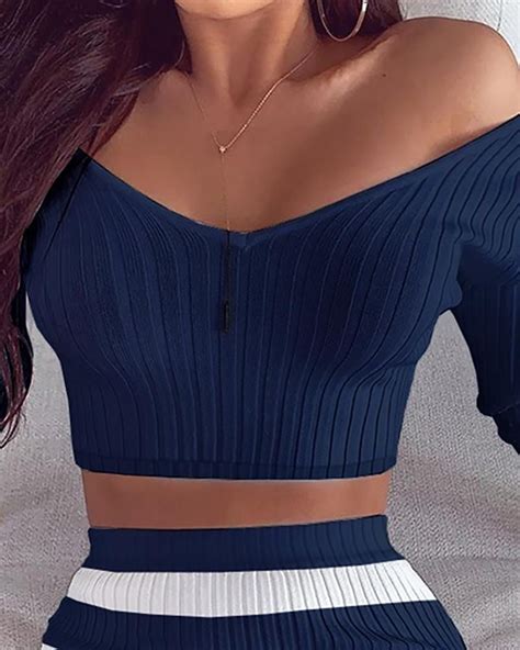 Long Sleeve Ribbed Crop Top And Skirt Sets Crop Top Skirt Set Crop Top