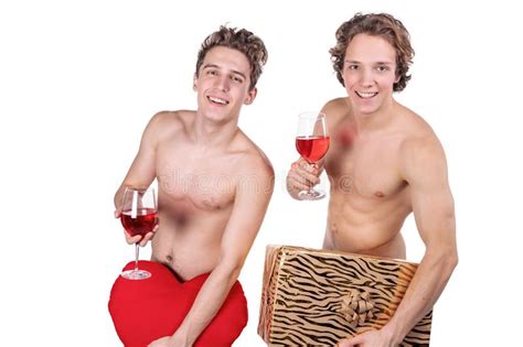 Two Funny Naked Guys Holding Glasses With Red Wine And Heart Isolated