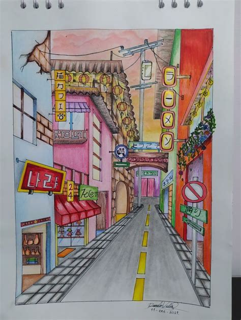 A Drawing Of A Street In Japan