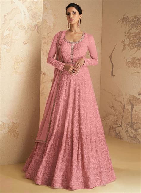 Buy Pink Georgette Mirror Embroidered Anarkali Suit Party Wear Online