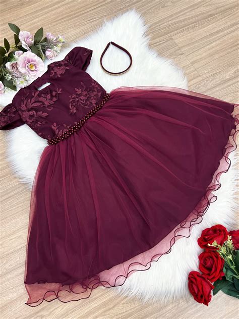 Vestido Infantil Marsala C Renda Cinto P Rolas Tiara Luxo Rosa