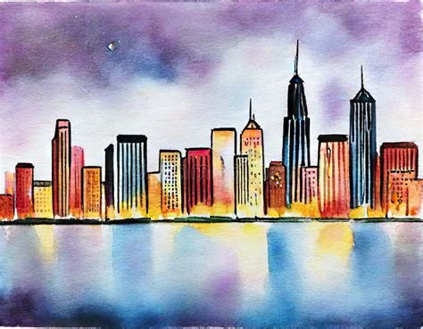 Watercolor Of Chicago City Lights Up At Stock Image Image Of Night