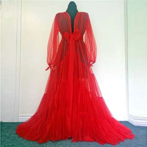 Red Ruffled Dressing Gown See Through Tulle Lush Robe Cardigan Style