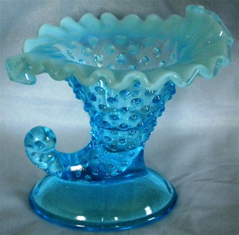 Fenton Glass Hobnail Blue Opalescent Cornucopia Candle Holder Fenton Glassware Antique