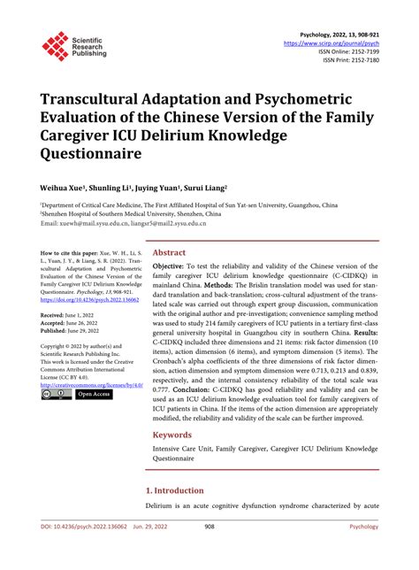 Pdf Transcultural Adaptation And Psychometric Evaluation Of The