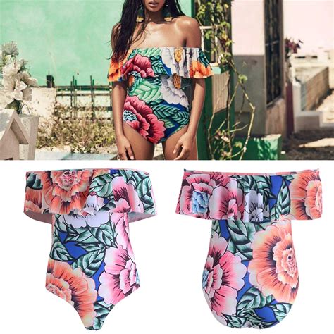 Womens Sexy Floral Off The Shoulder Pleated Swimwear Female Swimwear