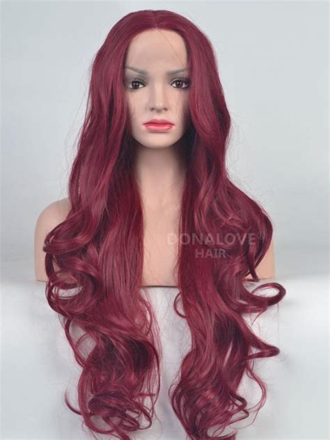 Wine Red Waist Length Wavy Synthetic Lace Front Wig Sny030 Synthetic