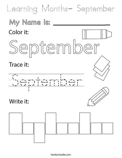 Learning Months September Coloring Page Tracing Twisty Noodle