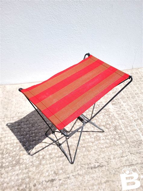 Tabouret pliant vintage plage pêche Jaune Noir Rouge Métal Tissu