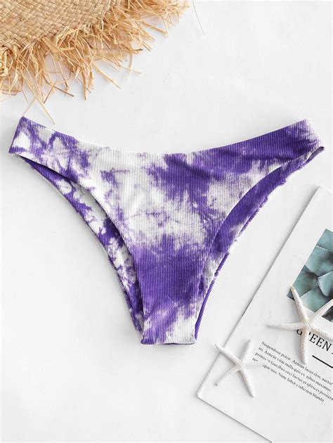 Zaful Tie Dye Ribbed High Leg Bikini Bottom Purple Mimosa High Leg