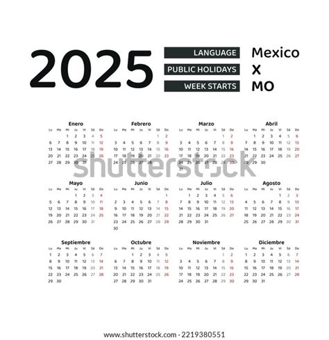 Mexico Calendar 2025 Week Starts Monday Stock Vector Royalty Free