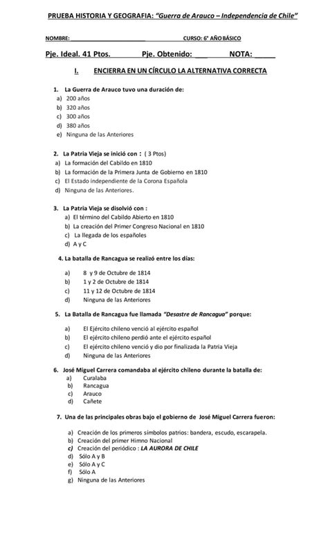 Prueba Historia Y Geografia Guerra De Arauco Independencia Pdf