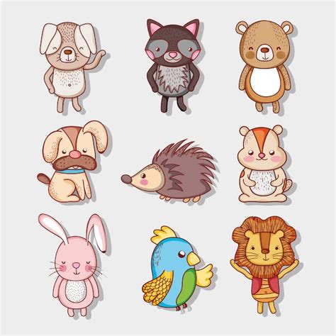 Animais Fofos Doodle Desenhos Animados Vetor Premium