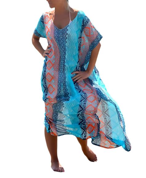 Hx Fashion Bikini Cover Up Damen Strandkleider Lang Retro Joker Hippie Boho Drucken Kurzarm