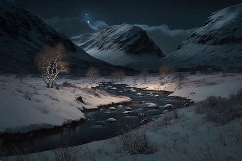 Premium Photo | Snow covered mountains with a river at night