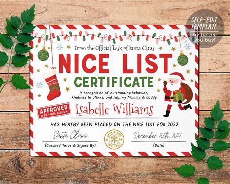 Santas Nice List Certificate Editable Template Approved Letter From