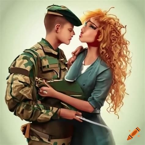 Couple avec le garçon blond et militaire et la fille rousse aux cheveux