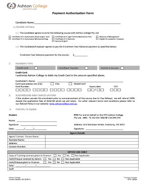 Fillable Online International Ashtoncollege Edu Payment Authorisation