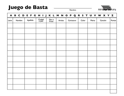 Juego de basta para imprimir en PDF 2025