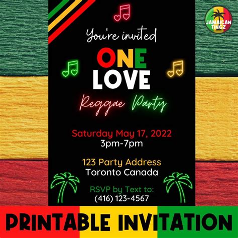 One Love Reggae Party Invitation Printable Birthday Party Invitations