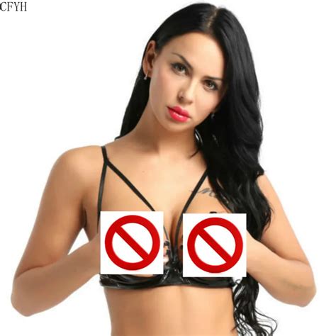 Women Shiny Stretch Bra Sheer Exposed Nipples Bra Open Cup Bra Sexy Lingerie Faux Leather Wire