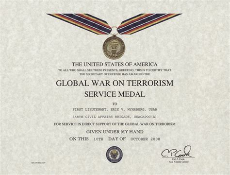 Global War On Terrorism Service Medal Certificate