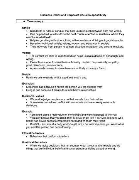 Business Ethics Handout Business Ethics And Corporate Social