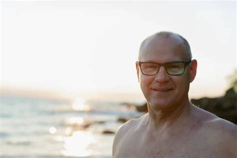 Portrait Mature Handsome Tourist Man Shirtless Relaxing Beach Outdoors