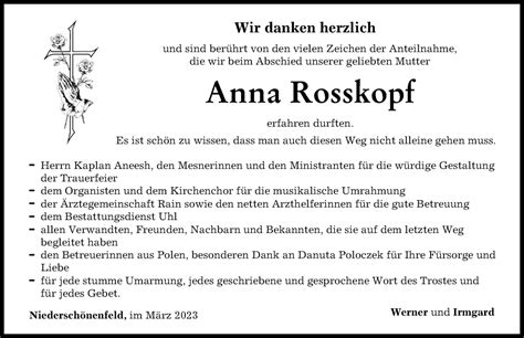 Traueranzeigen Von Anna Rosskopf Augsburger Allgemeine Zeitung