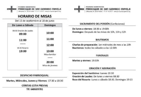 Horarios A Partir Del De Septiembre Parroquia San Gerardo Mayela