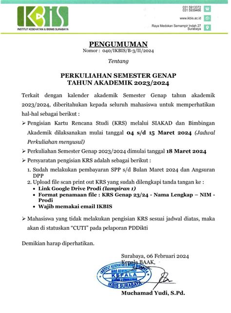 Pengumuman Perkuliahan Dan Pengisian KRS Semester Genap 2023 2024