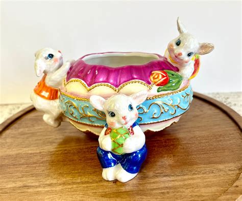 Vintage Christopher Radko Dapper Bunnies Butterfly Egg Trinket Box