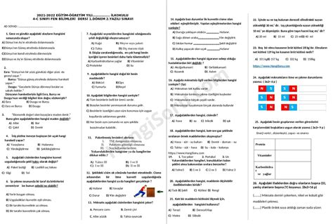 4 Sınıf Fen Bilimleri 1 Dönem 2 Yazılı Sınav Soruları 2021 2022