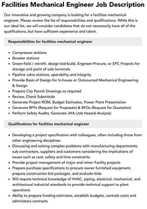 Facilities Mechanical Engineer Job Description Velvet Jobs