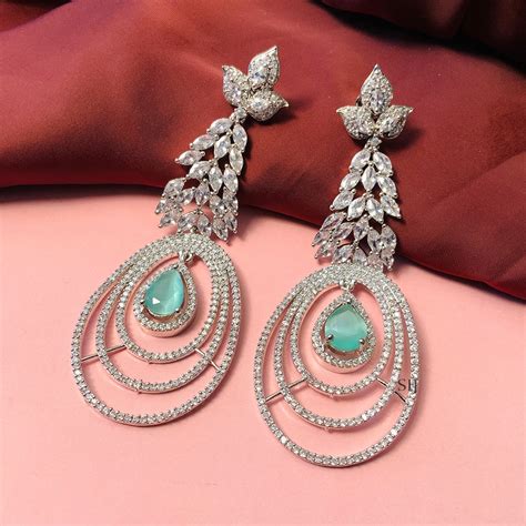 Sparkling Silver Plated American Diamond Earrings South India Jewels