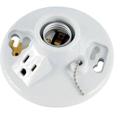 Ge Porcelain Lampholder With White Pull Chain And Grounded Outlet 18305