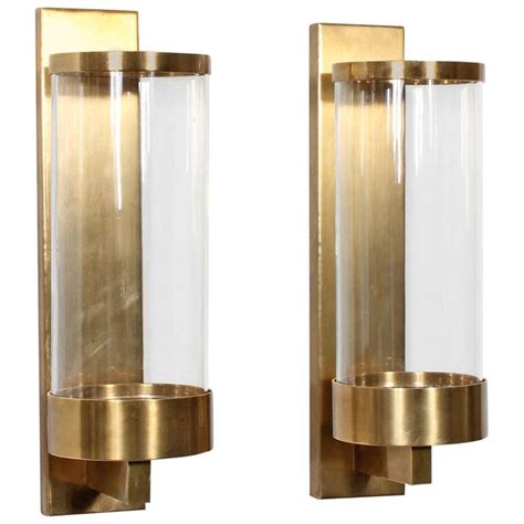 Pair of Modern Cylinder Glass and Brass Wall Sconces at 1stDibs