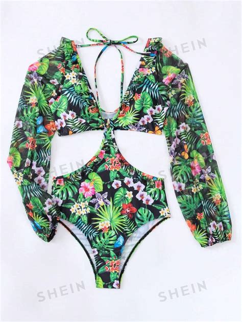 Tropical Print Cut Out Waist One Piece Swimsuit Shein Usa