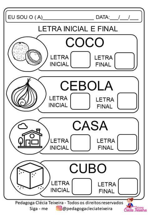 Letra Inicial e Final Atividades de alfabetização Clécia Teixeira