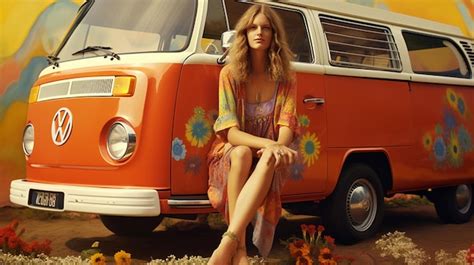 Bela Menina Hippie Na Frente De Uma Van Vintage Foto No Estilo De