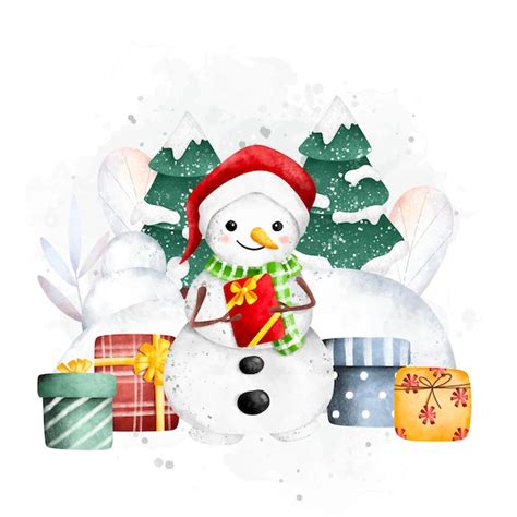 Bonhomme De Neige Illustration Aquarelle Et Cadeau En Hiver Vecteur