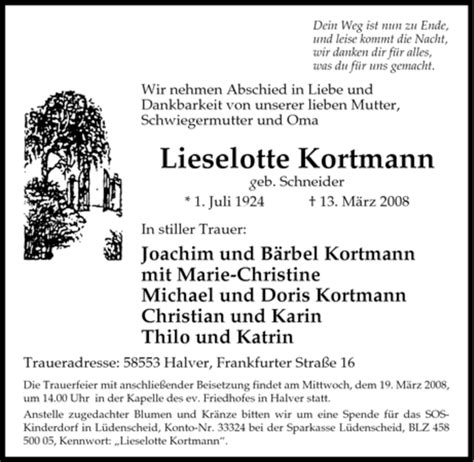 Traueranzeigen Von Lieselotte Kortmann Trauer In Nrw De