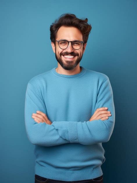 Premium Photo A Man With Glasses And A Blue Shirt That Says He Is Smiling