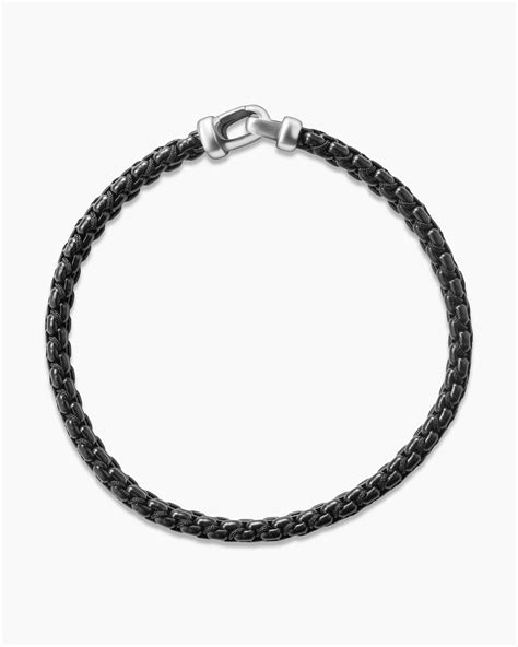 Mens Woven Box Chain Bracelet In Sterling Silver With Black Stainless