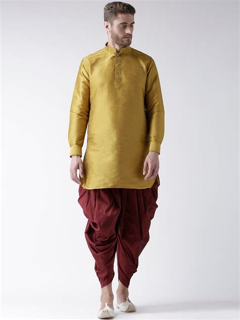 Buy Deyann Men Yellow Maroon Dupion Silk Kurta With Dhoti Pants