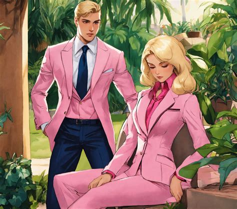 Lexica A Blonde Salesman In Satin Silk Pink Suit And Tie Repelling His Brunette Boss In An