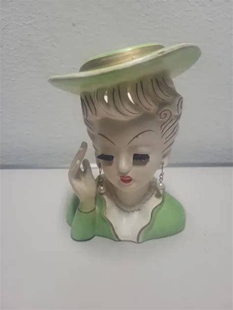 Tilsco Lady Mcm Vtg Head Vase Planter Ceramic Handcrafted Green